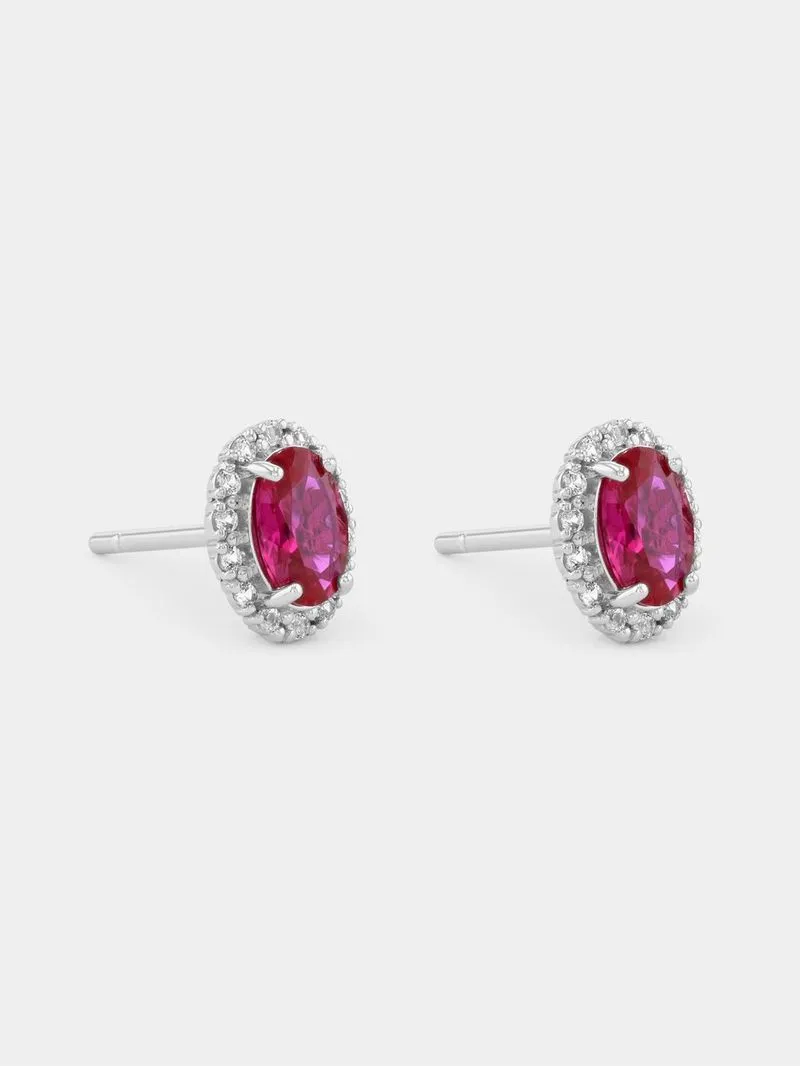 Sterling Silver Diamond & Created Ruby Oval Halo Stud Earrings
