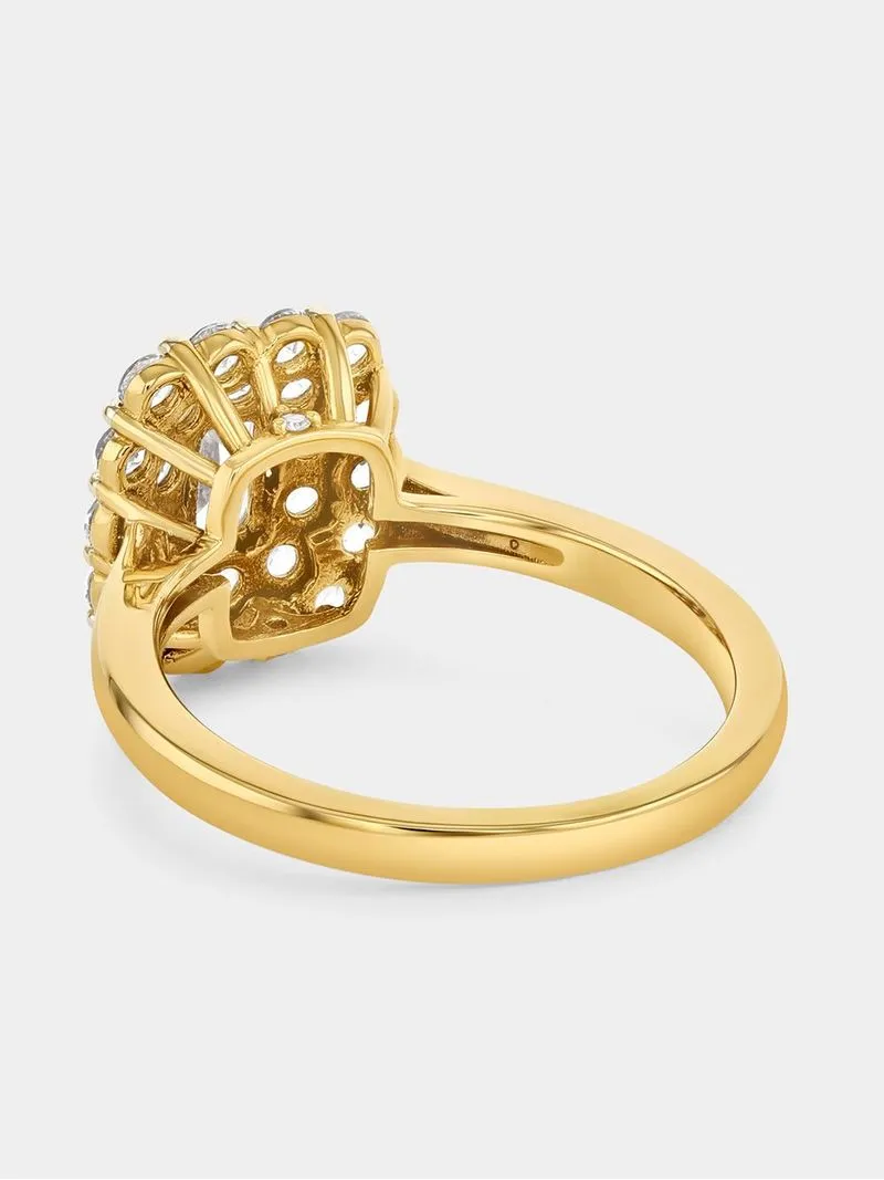 Yellow Gold Diamond & Created Sapphire Rectangle Cluster Ring