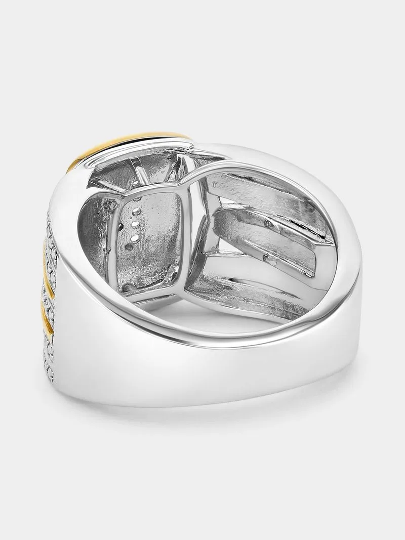 Yellow Gold & Sterling Silver Diamond & Created Sapphire Rectangle Halo Ring