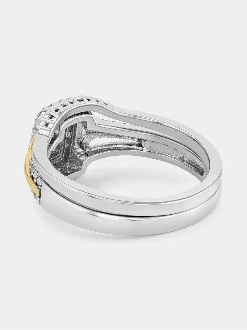 Yellow Gold & Sterling Silver Diamond & Created Sapphire Rectangle Halo Twinset Ring