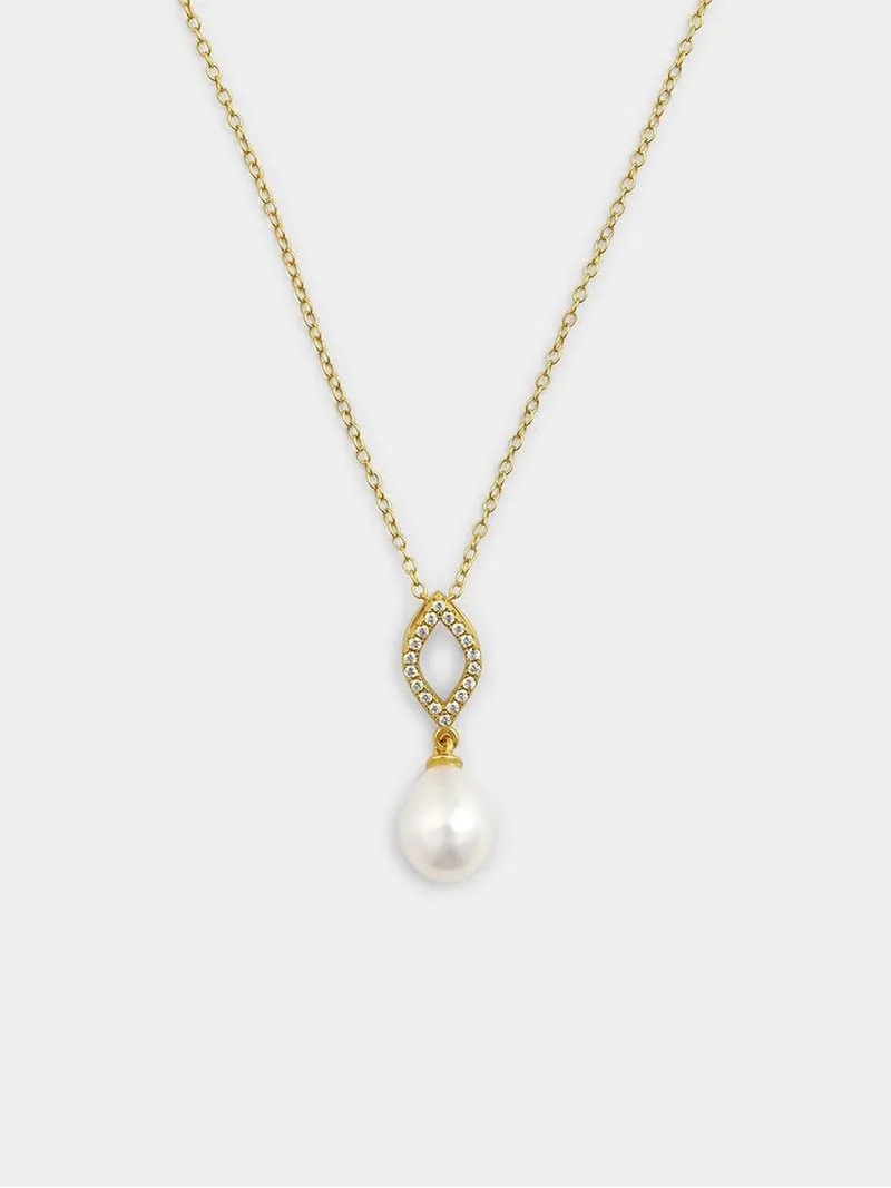Gold Plated Sterling Silver Freshwater Pearl Open Marquise Pendant