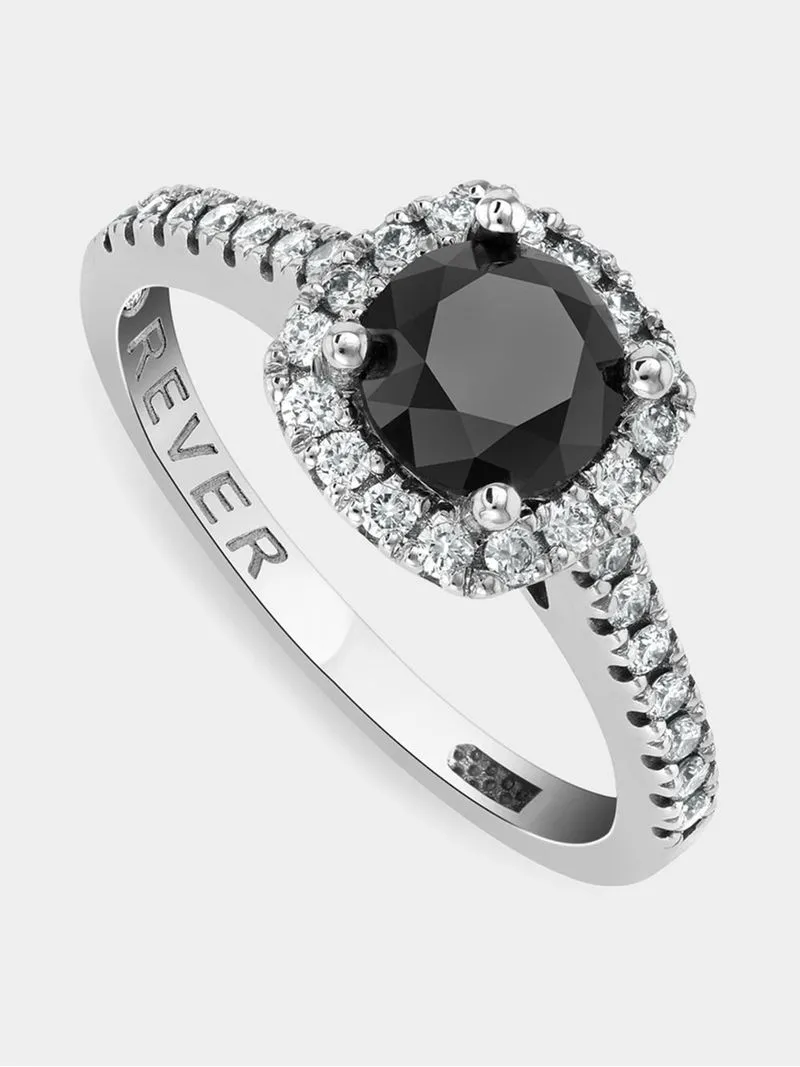 White Gold 1.47ct Black & White Diamond Cushion Halo Ring