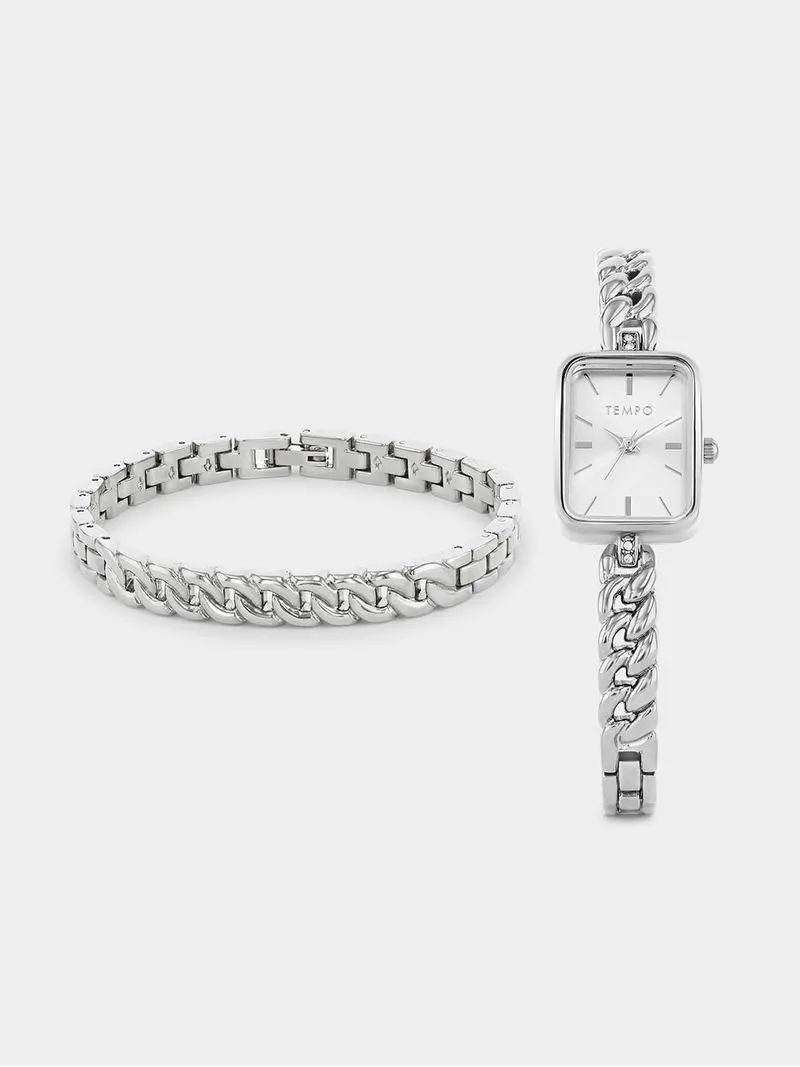 Tempo Silver Plated Rectangle Bracelet Watch & Bracelet Set