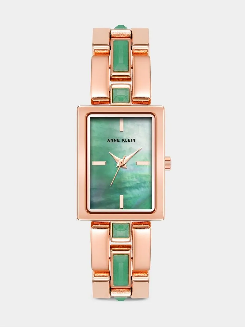 Anne Klein Green Mother of Pearl Dial & Rose Plated Rectangular Bracelet Watch