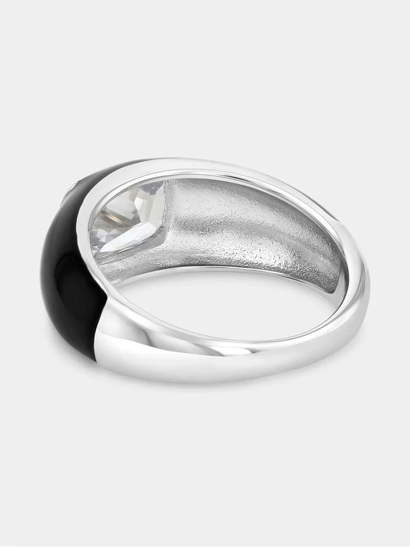 Sterling Silver Cubic Zirconia Black Enamel Domed Ring