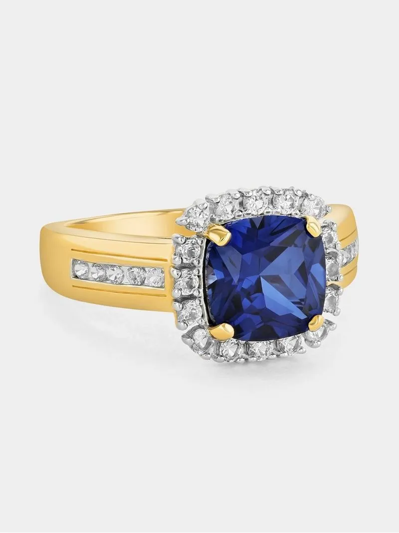 Yellow Gold Diamond & Created Blue Sapphire Cushion Halo Ring
