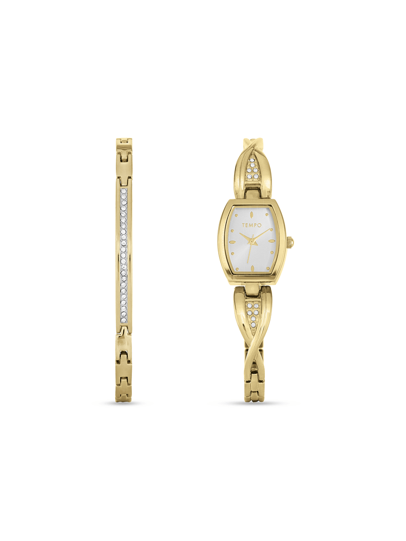 Tempo Woman's Gold Tone Tonneau Shape Bangle Watch 2 Piece Set