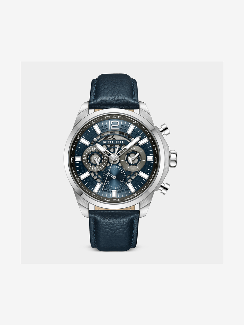 Police Menelik Stainless Steel Navy Dial Navy Leather Watch