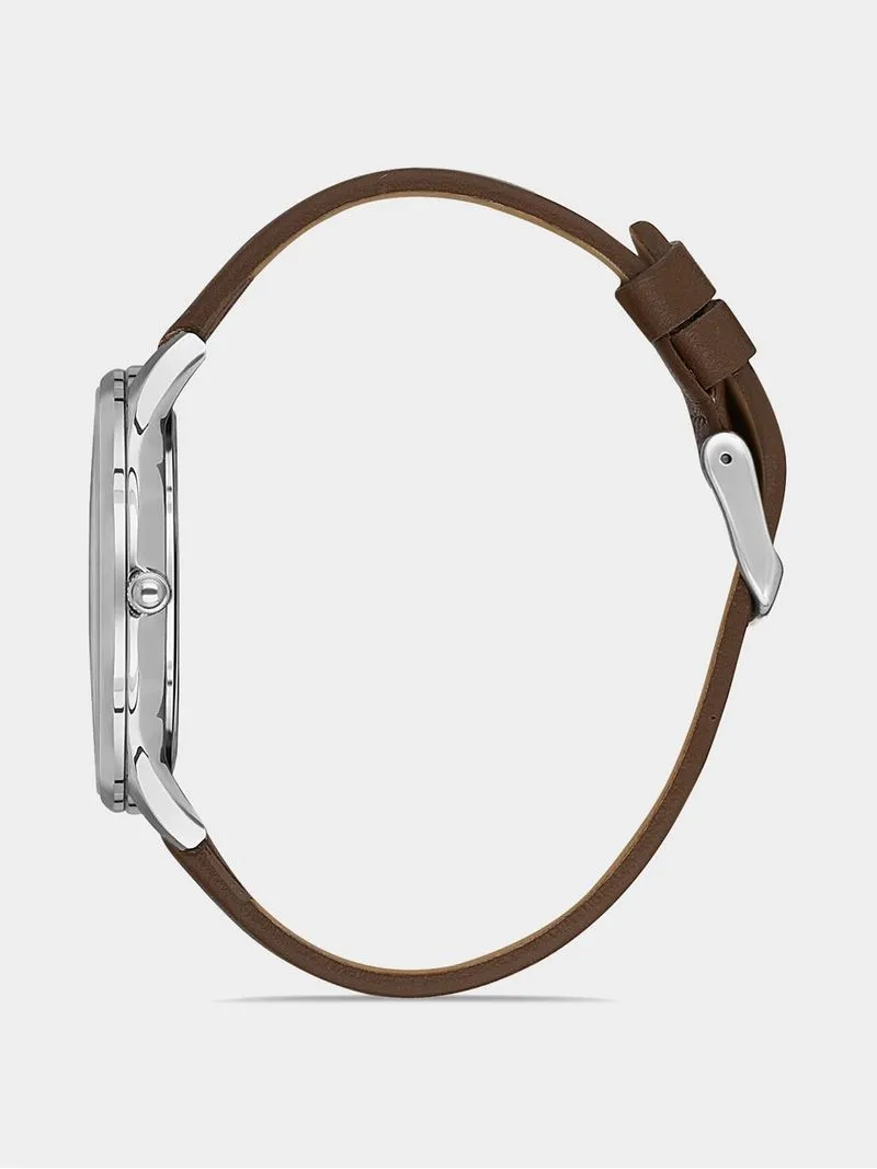 Daniel Klein Silver Plated White Dial Brown Leather Watch