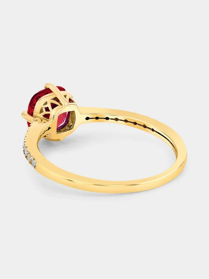 Yellow Gold Lab Grown Ruby & Moissanite Women’s Cushion Ring