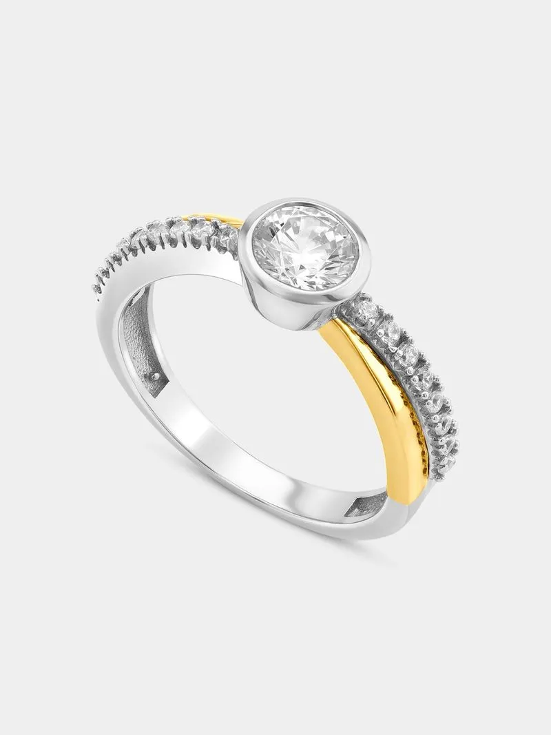 Yellow Gold & Sterling Silver, Cubic Zirconia Round Crossover Ring