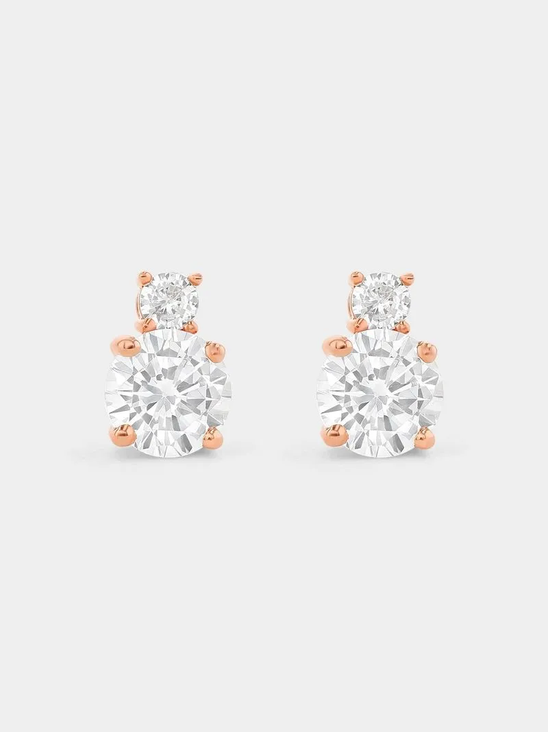 Rose Plated Sterling Silver Cubic Zirconia Two-Stone Stud Earrings