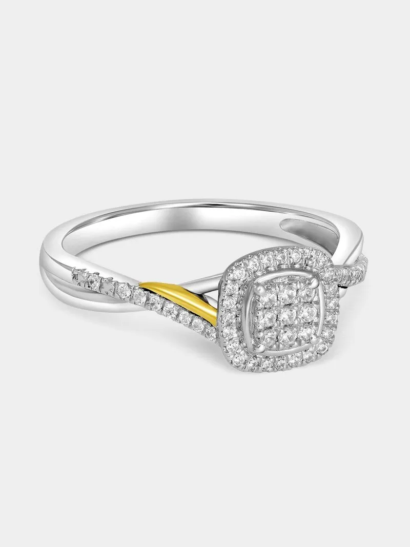 White & Yellow Gold 0.20ct Diamond Cushion Halo Twist Ring