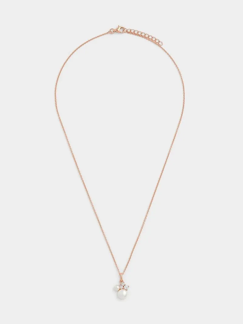 Rose Gold Plated Sterling Silver Shell Pearl & Cubic Zirconia Pendant