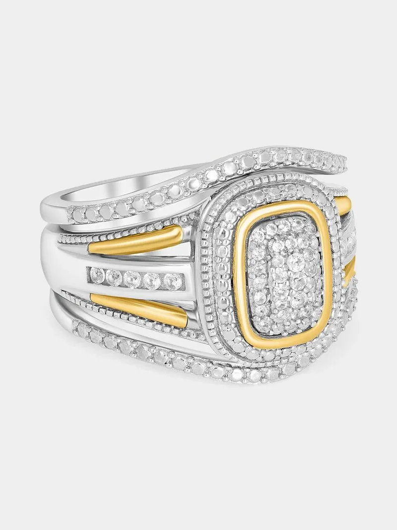 Yellow Gold & Sterling Silver Diamond & Created Sapphire Rectangle Halo Triple Set Ring