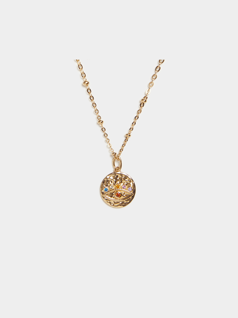 18ct Gold Plated Ball Station Chain with Multi-Colour Evil Eye Pendant