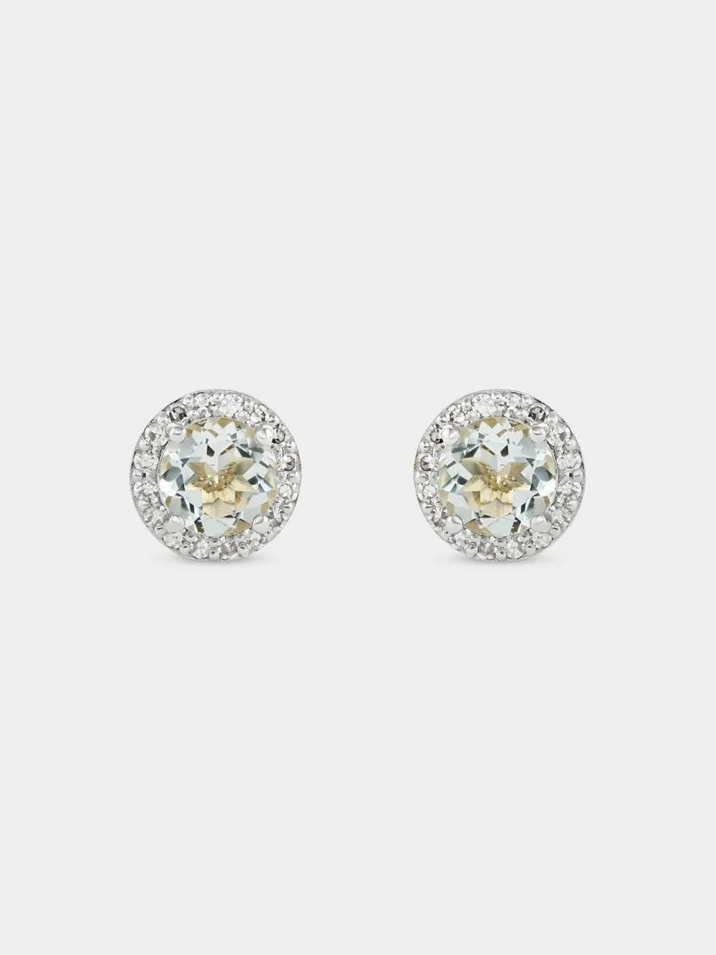 Yellow Gold Diamond & Green Amethyst Round Halo Stud Earrings