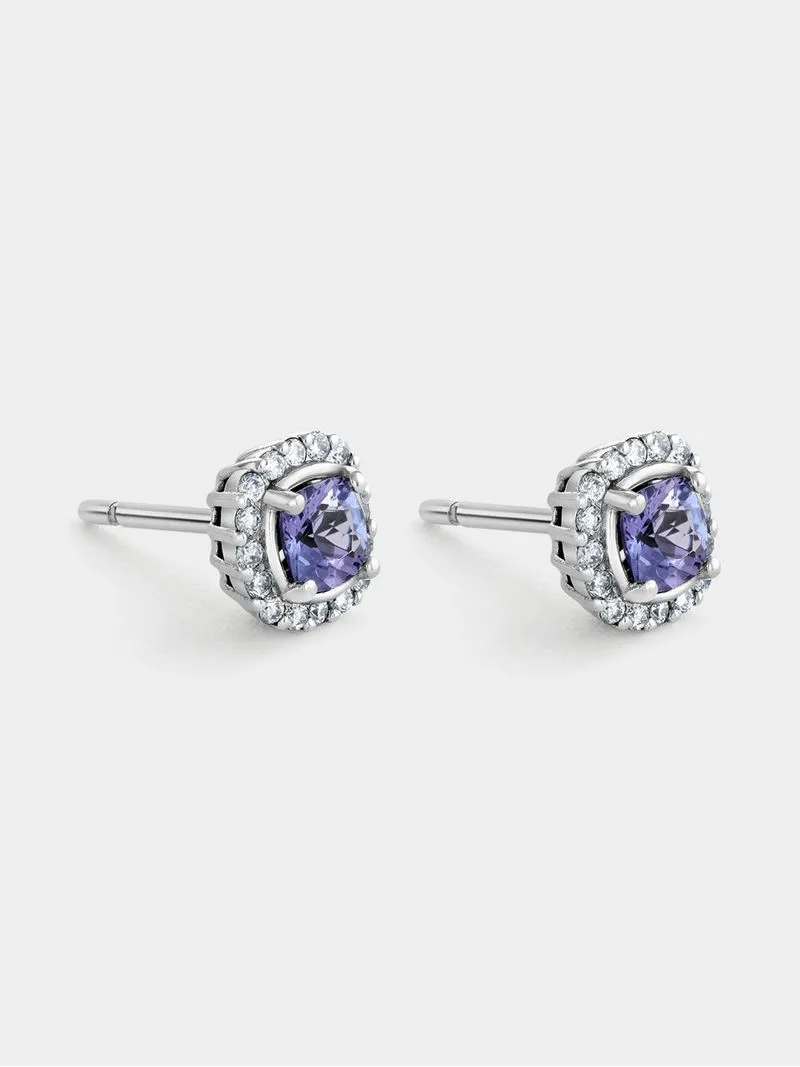 White Gold Tanzanite & Diamond Cushion Halo Stud Earrings