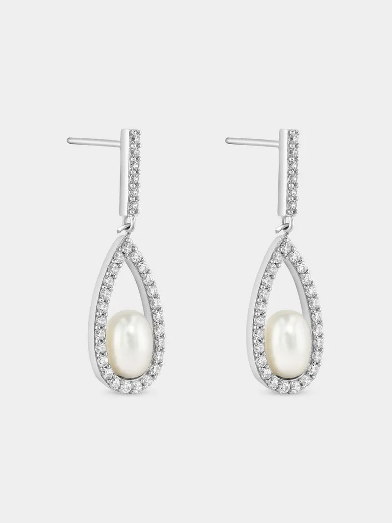 Sterling Silver Freshwater Pearl Open Tear Drop Earrings