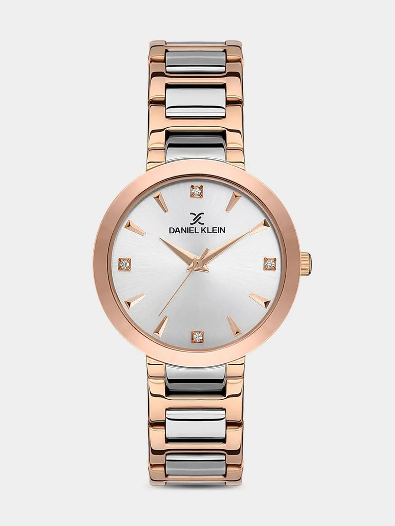 Daniel Klein Rose Plated Silver Toned Dial Two-Tone Stainless Steel Bracelet Watch