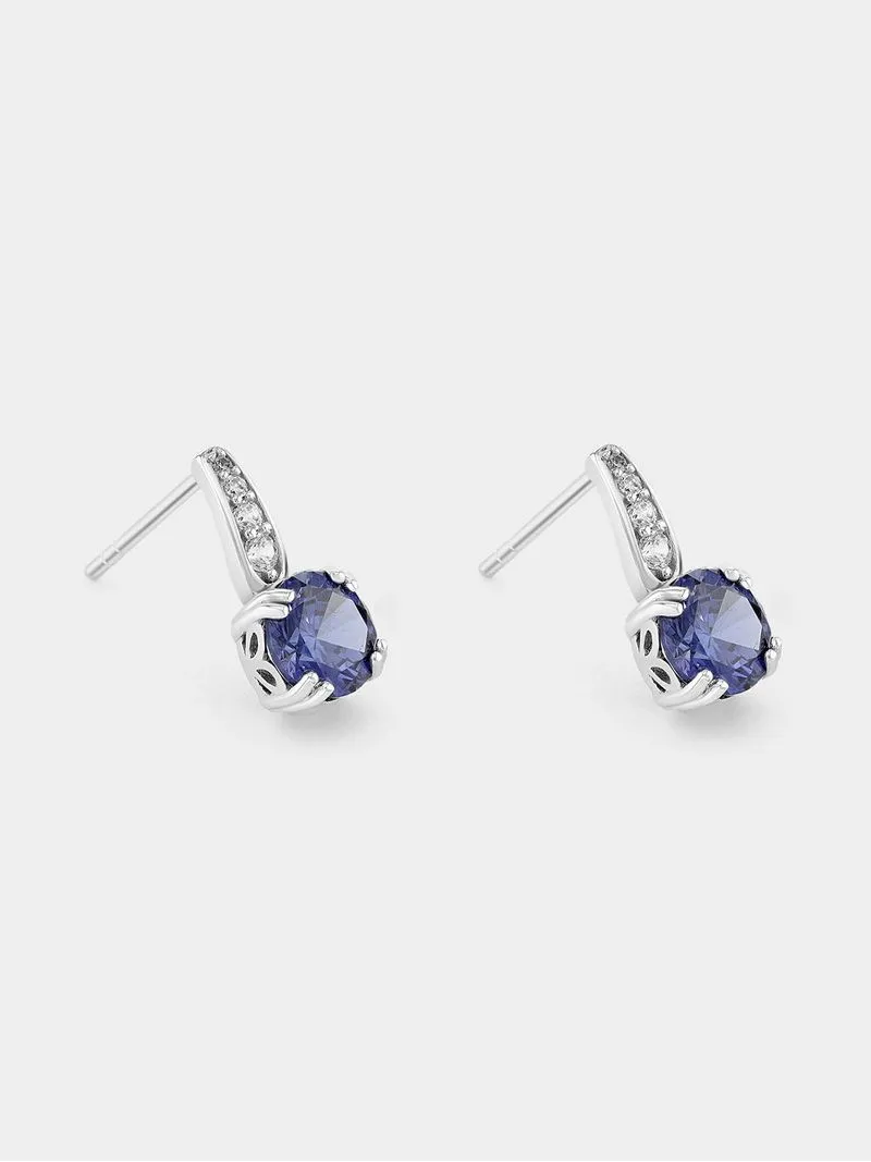 Sterling Silver Tanzanite Blue Cubic Zirconia Bar Stud Earrings
