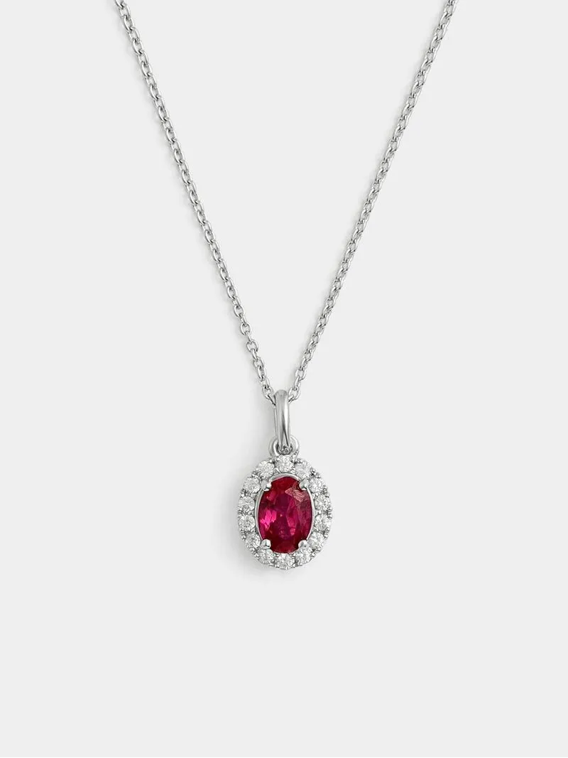 Sterling Silver Diamond & Created Ruby Oval Halo Pendant