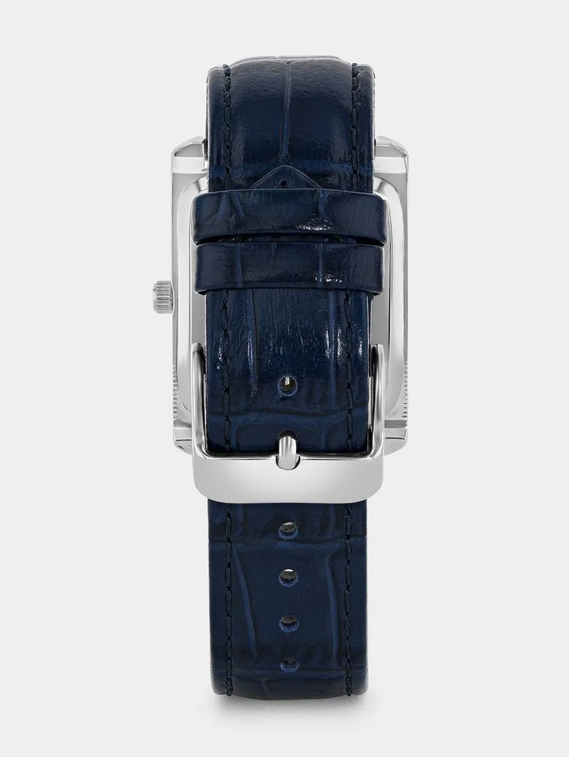 Tempo Timepiece Collection Silver Plated Blue Rectangle Dial Blue Leather Watch