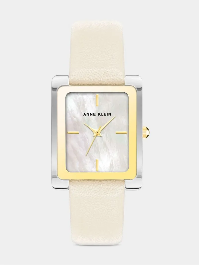 Anne Klein Silver & Gold Plated Rectangular Ivory Leather Watch