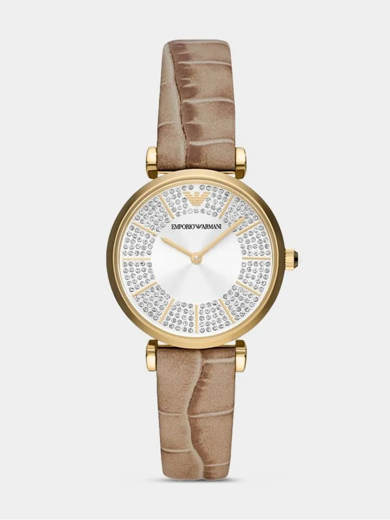 Emporio Armani Women's Gold Plated Stainless Steel Silver Dial & Taupe Leather Watch