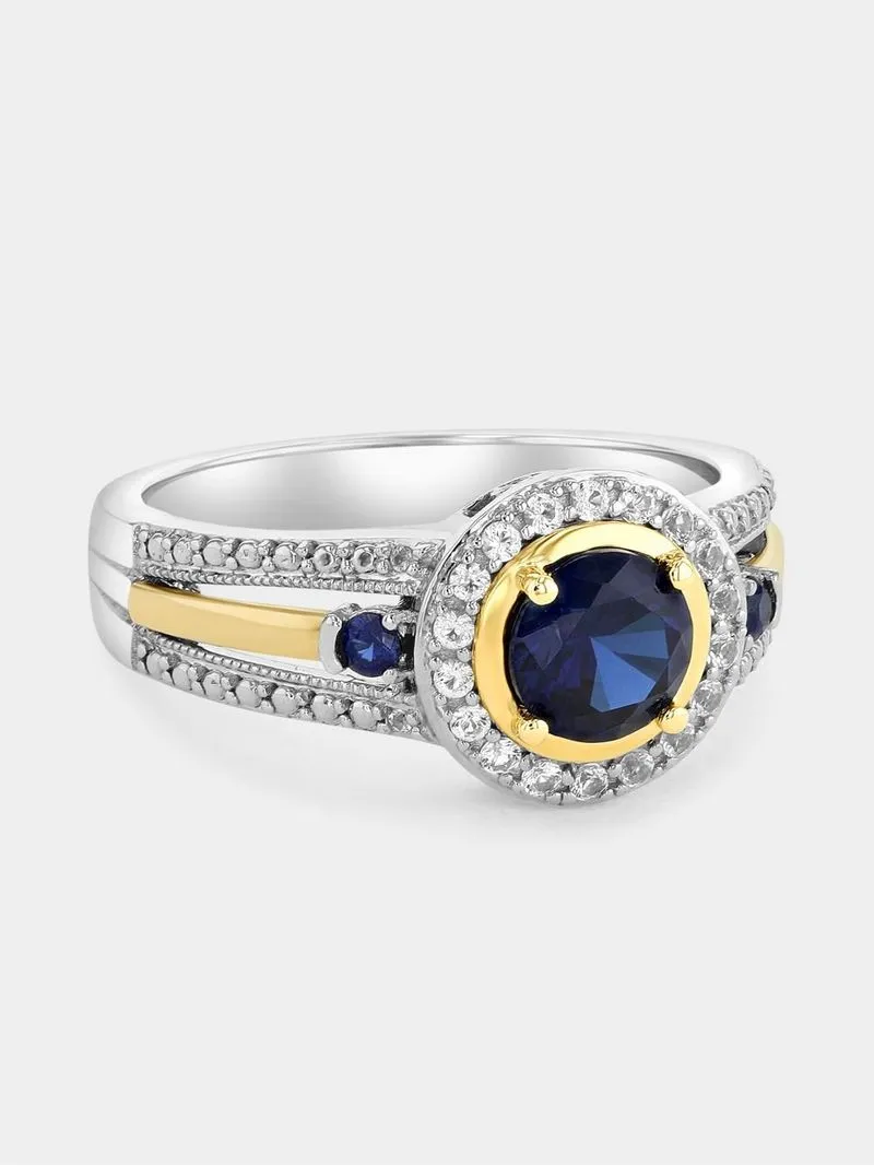Yellow Gold & Sterling Silver Diamond & Created Blue Sapphire Round Halo Ring