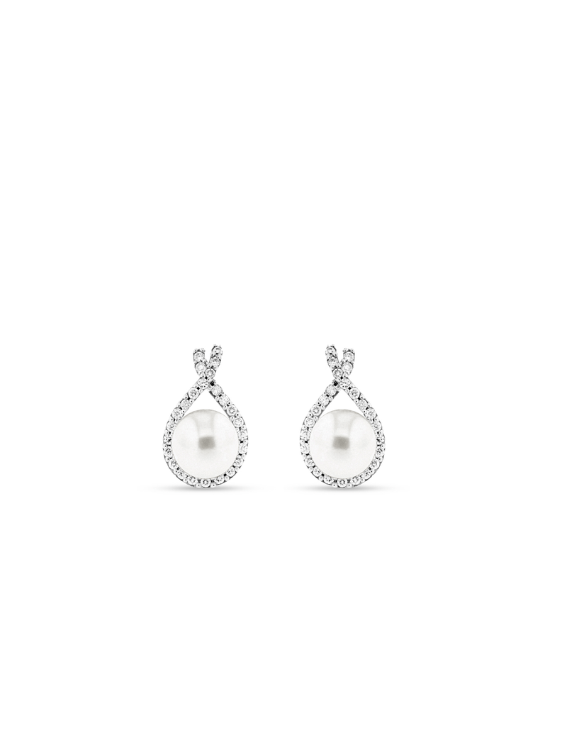 9ct White Gold Freshwater Pearl & Diamond Stud Earrings