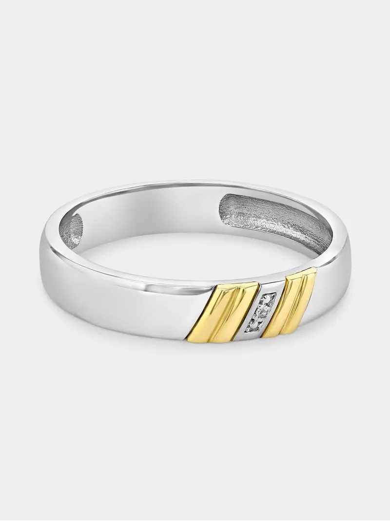 Yellow Gold & Sterling Silver Diamond Horizontal Stroke Ring