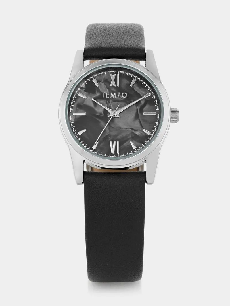 Tempo Women’s Silver Plated Black Dial Black Leather Watch