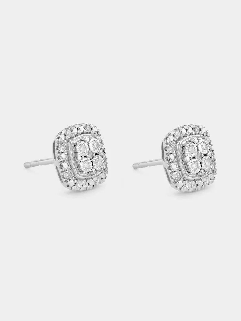 Sterling Silver Lab Grown Diamond Cushion Halo Stud Earrings