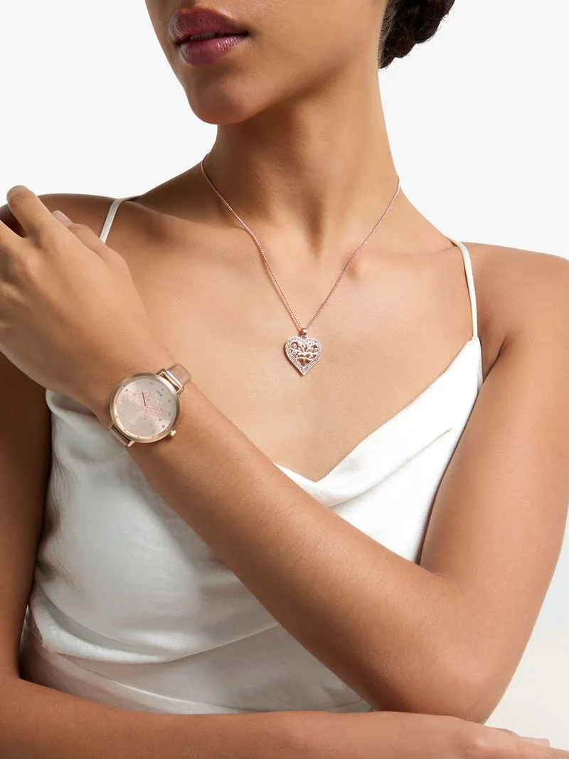 MX Women’s Rose Plated Light Brown Faux Leather Watch & Tree Of Life Pendant Set