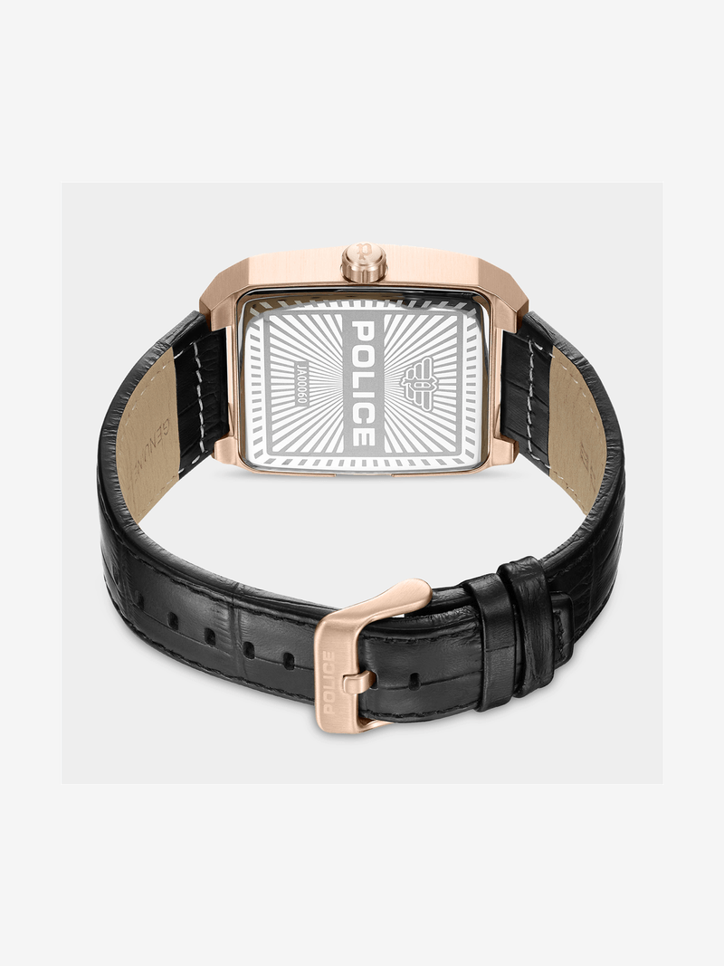 Police Omaio Rose Plated Stainless Steel Black Leather Watch