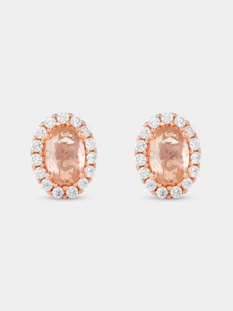 Rose Plated Sterling Silver Morganite Cubic Zirconia Oval Halo Stud Earrings