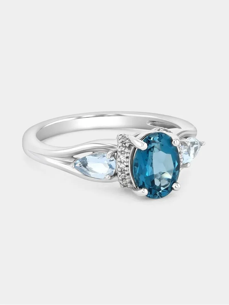 White Gold Diamond London Blue Topaz Oval Pear Embrace Ring