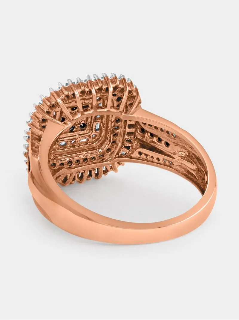 Rose Gold 0.50ct Black & White Diamond Cushion Baguette Halo Women’s Ring