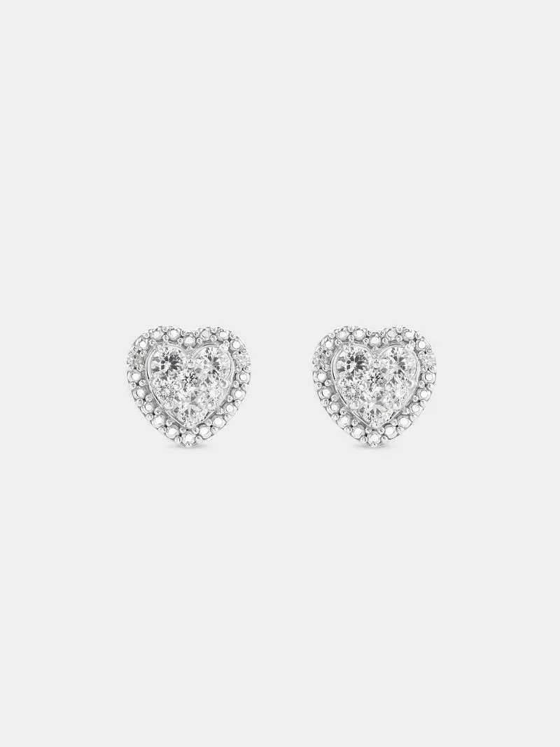 Sterling Silver Diamond & Created Sapphire Heart Halo Stud Earrings