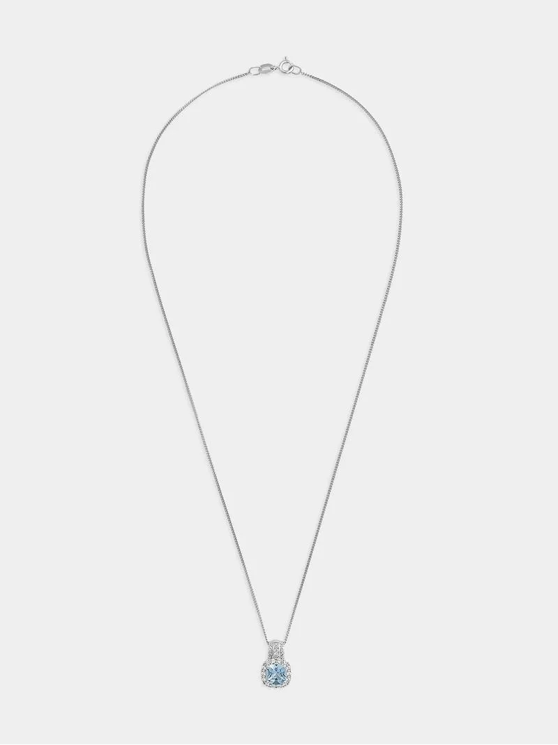 Sterling Silver Diamond & Created Aquamarine Cushion Halo Pendant