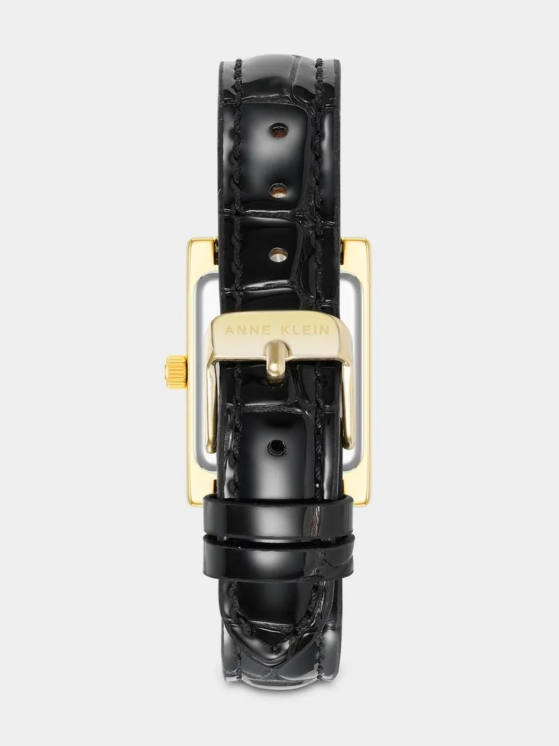 Anne Klein Gold Plated Rectangular Black Leather Watch