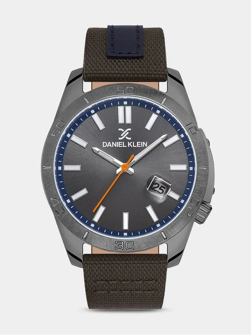 Daniel Klein Gunmetal Plated Brown & Blue Leather Watch