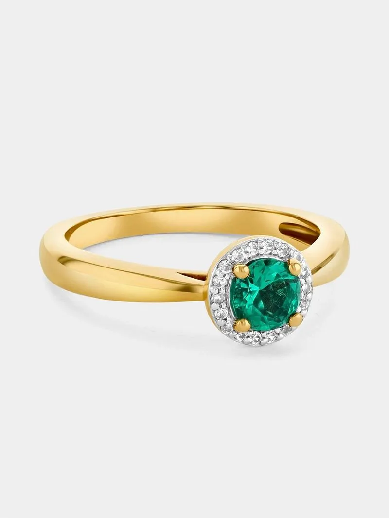 Yellow Gold Diamond & Created Emerald Round Halo Ring
