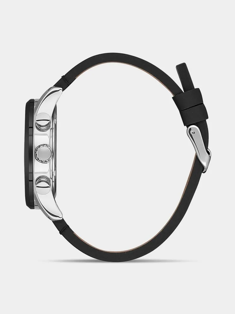Daniel Klein Silver & Black Plated Grey Dial Black Leather Chronograph Watch