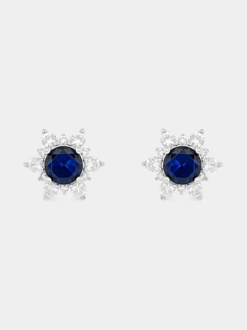 Sterling Silver Diamond & Blue Sapphire Flower Stud Earring