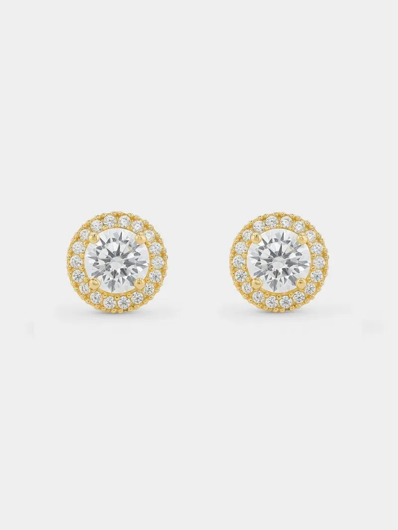 Yellow Gold Cubic Zirconia Round Halo Stud Earrings