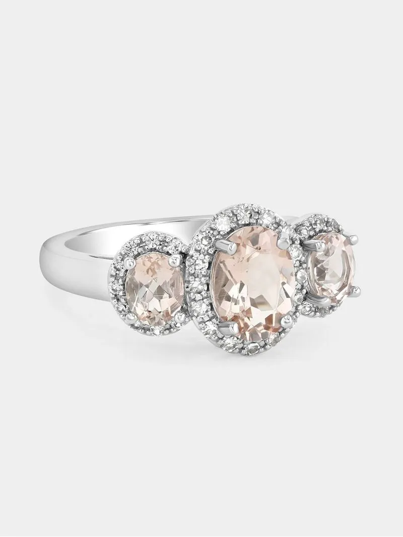 White Gold Diamond & Pink Morganite Oval Halo Trilogy Ring