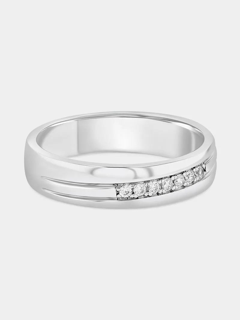 Sterling Silver Cubic Zirconia Diagonal Groove Channel Ring