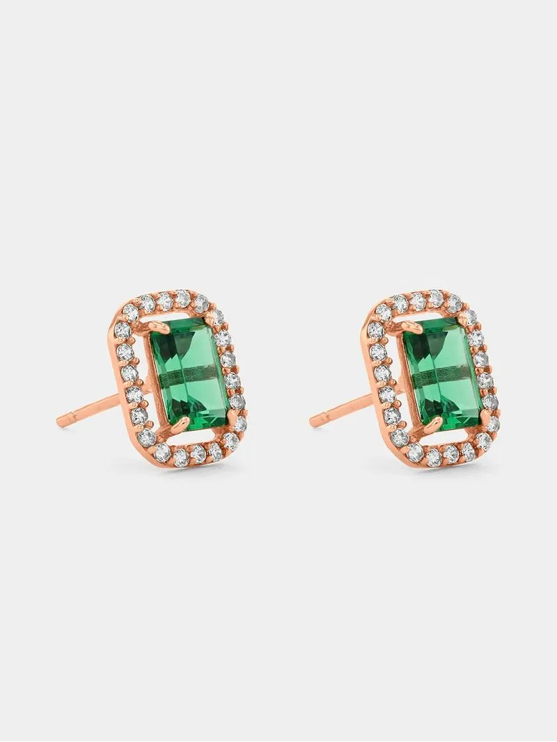 Rose Gold, Green Cubic Zirconia Square Halo Stud Earrings
